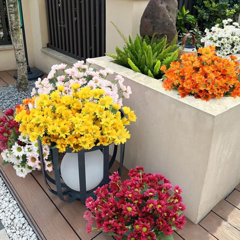 💥 Artificial Outdoor Sunset Mums Flowers - UV resistant, Waterproof, Windproof