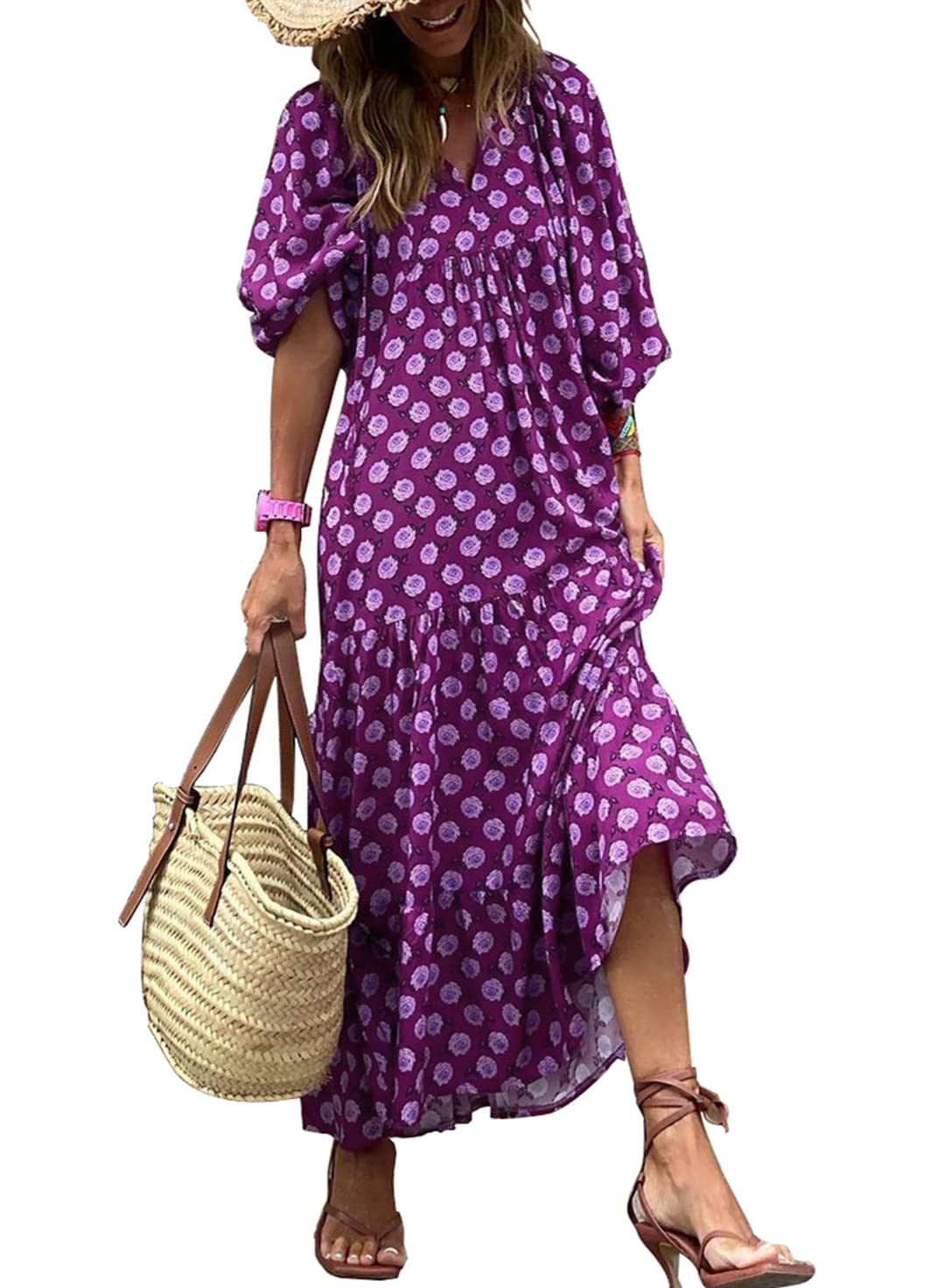💥Mother's Day Gifts - Women's Puff Sleeve Floral Boho Maxi Dress