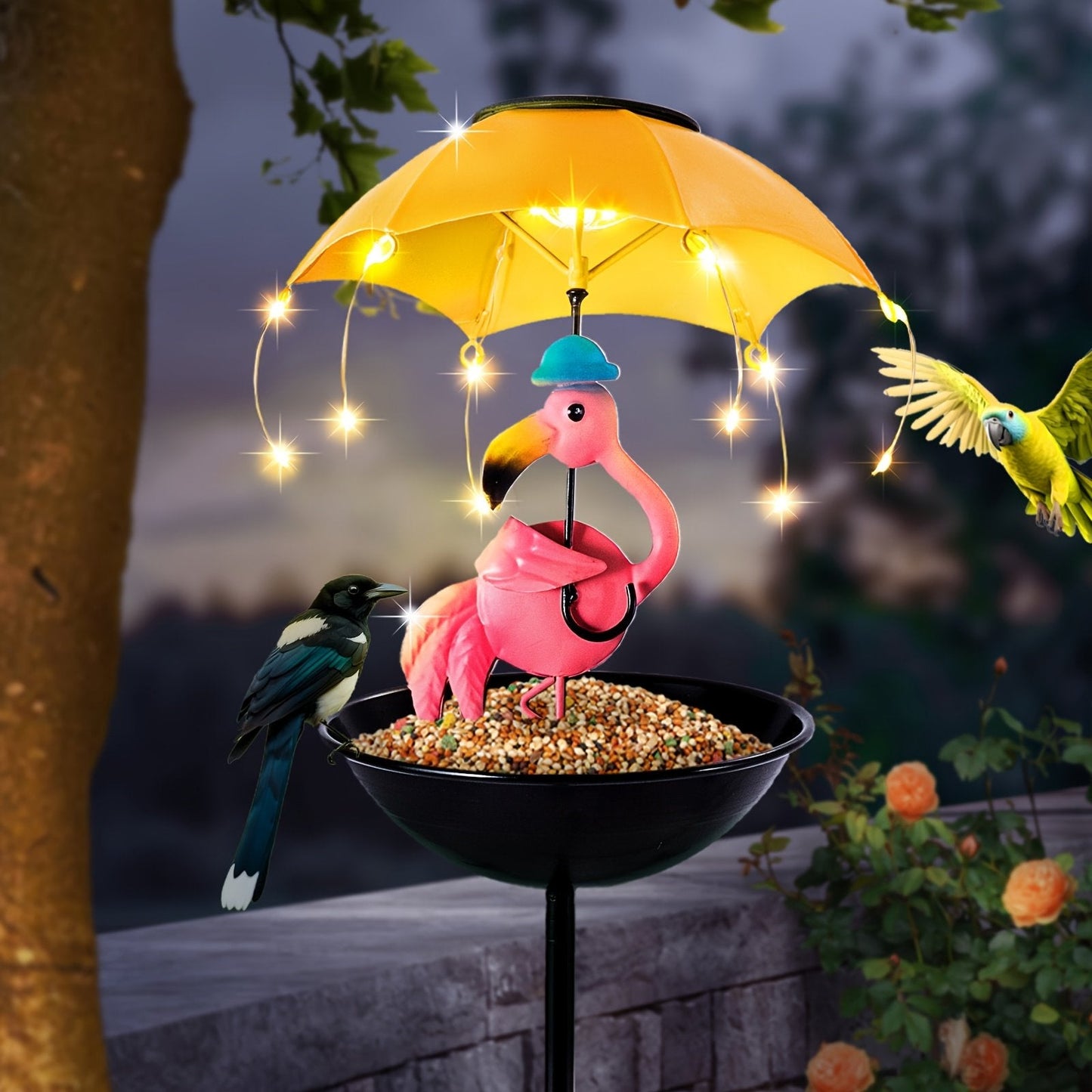 💥Solar-Powered LED Animal Umbrella Light with Bird Feeder(Frog/Bee/Flamingo)
