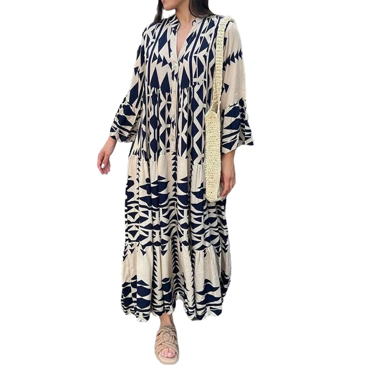 💥HOT SALE💥Oversized Retro Print V-Neck Dress - Buy two and get free shipping!