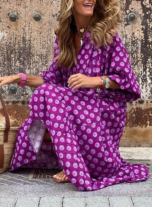 💥Mother's Day Gifts - Women's Puff Sleeve Floral Boho Maxi Dress