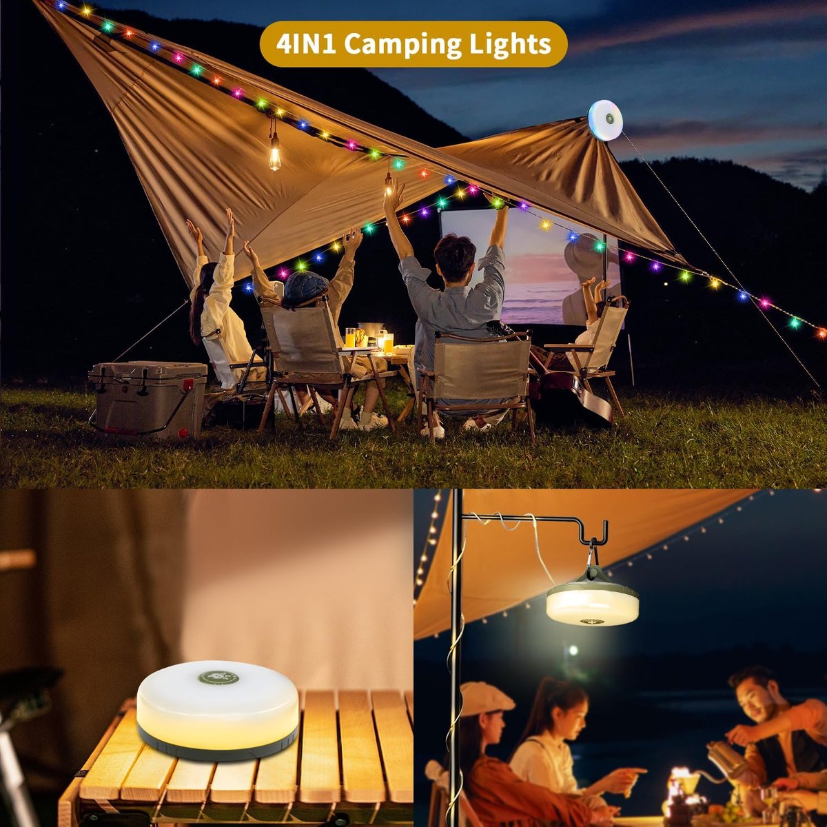4-in-1 Camping Light with RGB Light String & Power Bank