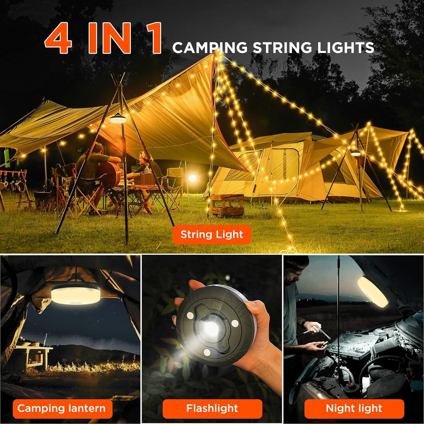4-in-1 Camping Light with RGB Light String & Power Bank