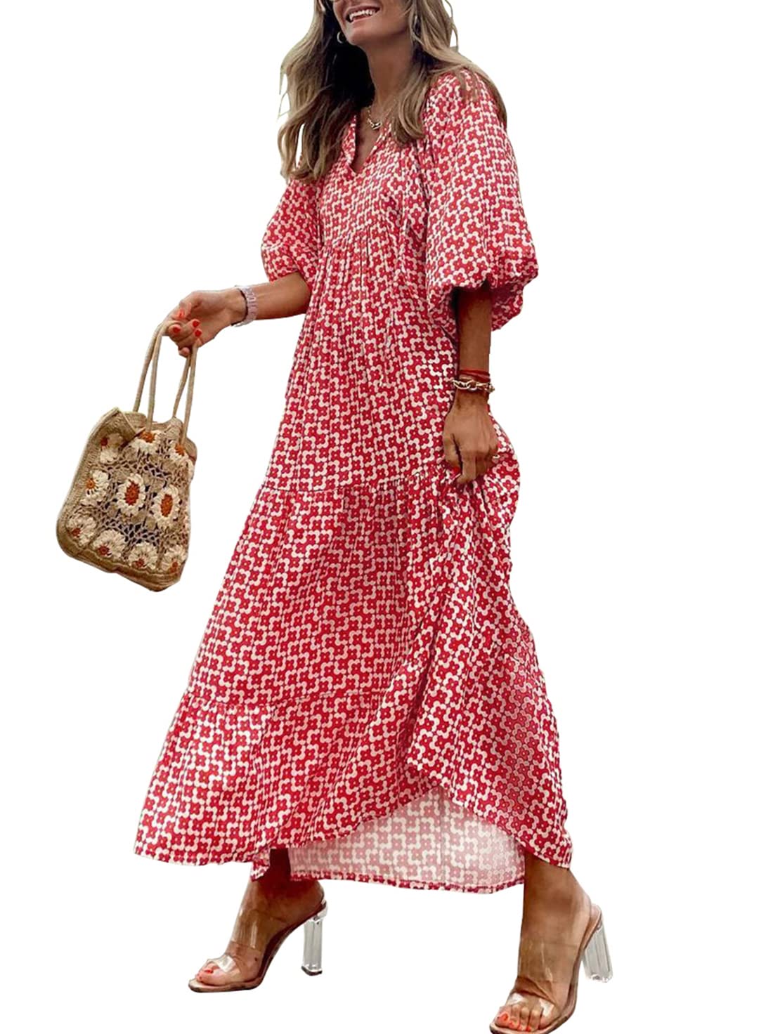 💥Mother's Day Gifts - Women's Puff Sleeve Floral Boho Maxi Dress