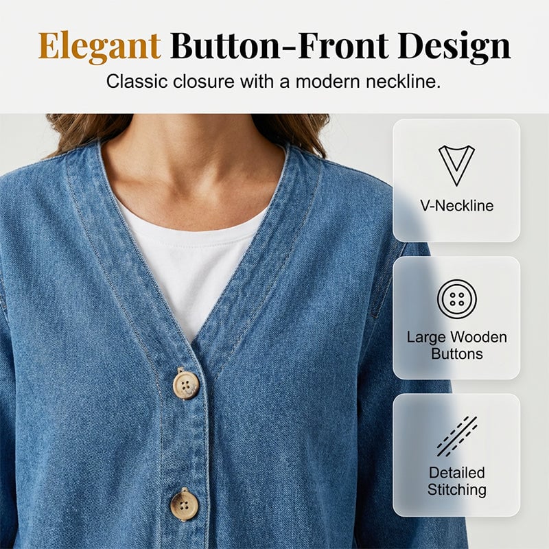 💙Women's Classic Button Front Denim Jacket-Breathable Fabric & Relaxed Fit