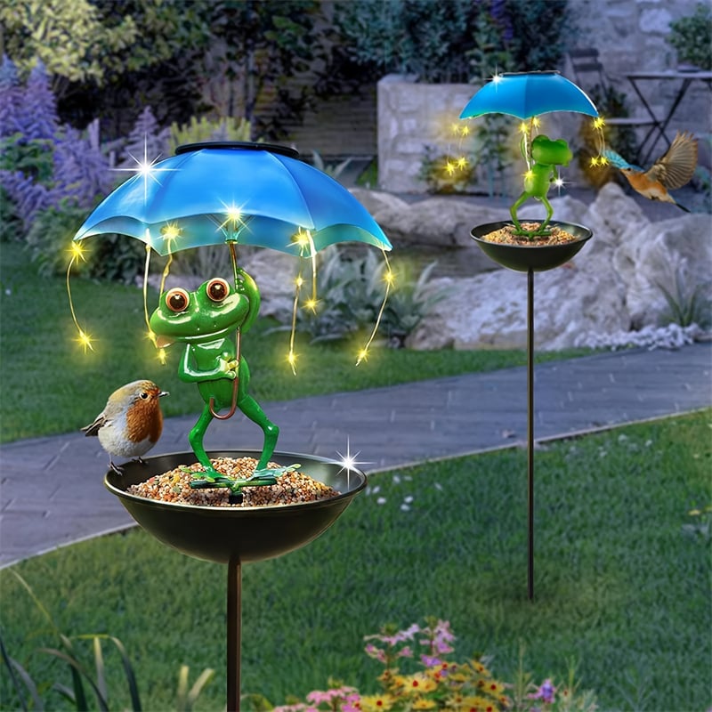 💥Solar-Powered LED Animal Umbrella Light with Bird Feeder(Frog/Bee/Flamingo)