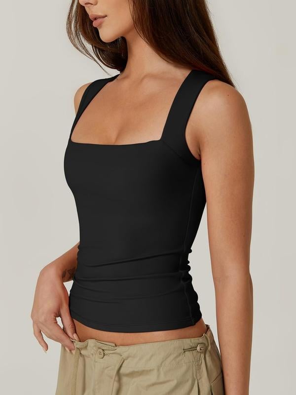 🏆Flash Sale⚡ 50K+ SOLD! Almost Gone⏰Women's Square Neck Sleeveless Double-Layer Tank Tops Basic Tight T Shirts short