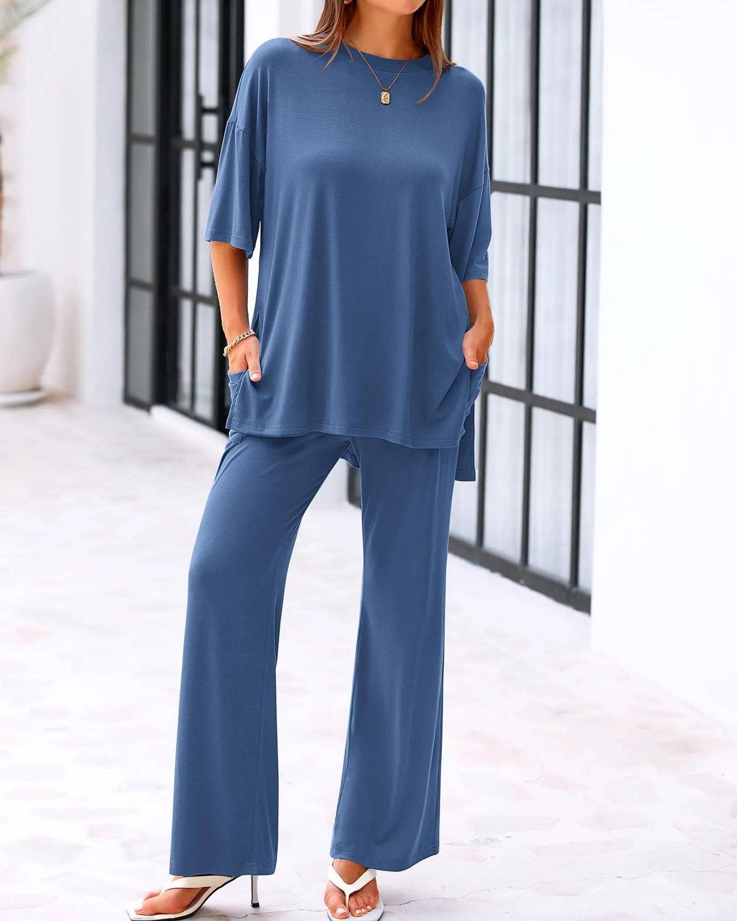 Casual 2-Piece Loose-Fit Short Sleeve Top & Wide-Leg Pants Set with Pockets