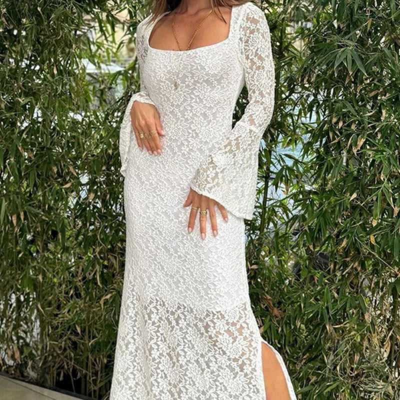 💐 Lace Flared Sleeves Split Hem Waisted Dress