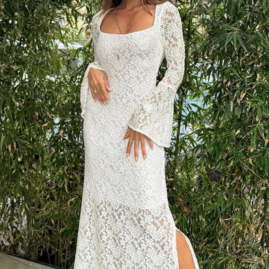 💐 Lace Flared Sleeves Split Hem Waisted Dress