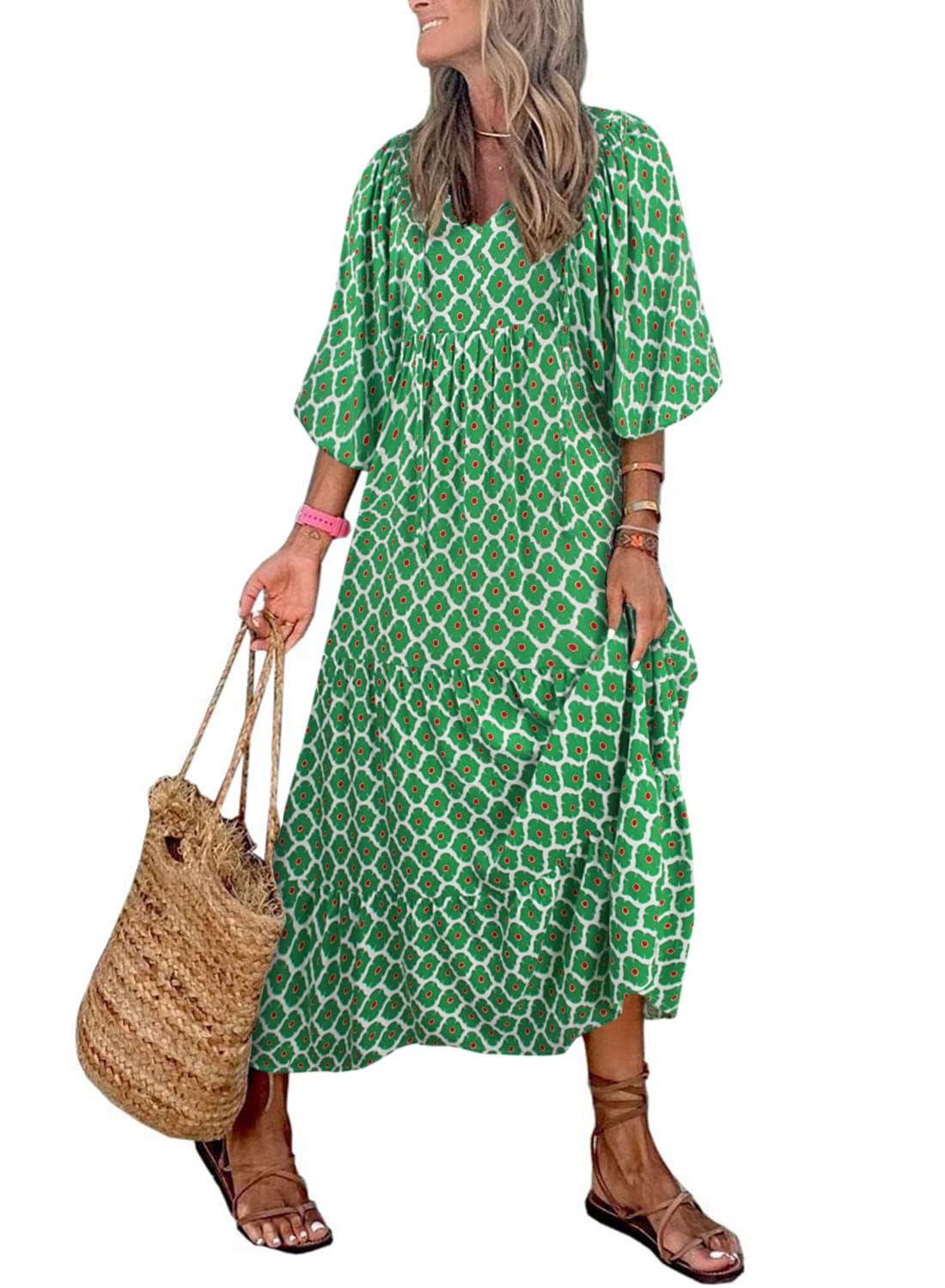 💥Mother's Day Gifts - Women's Puff Sleeve Floral Boho Maxi Dress