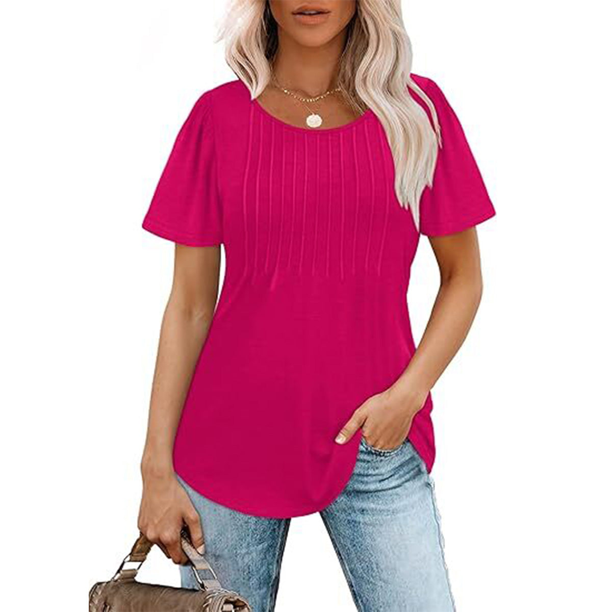 Womens T Shirts Short Sleeve Pleated Dressy Casual Scooped Neck Summer Tops Blouses