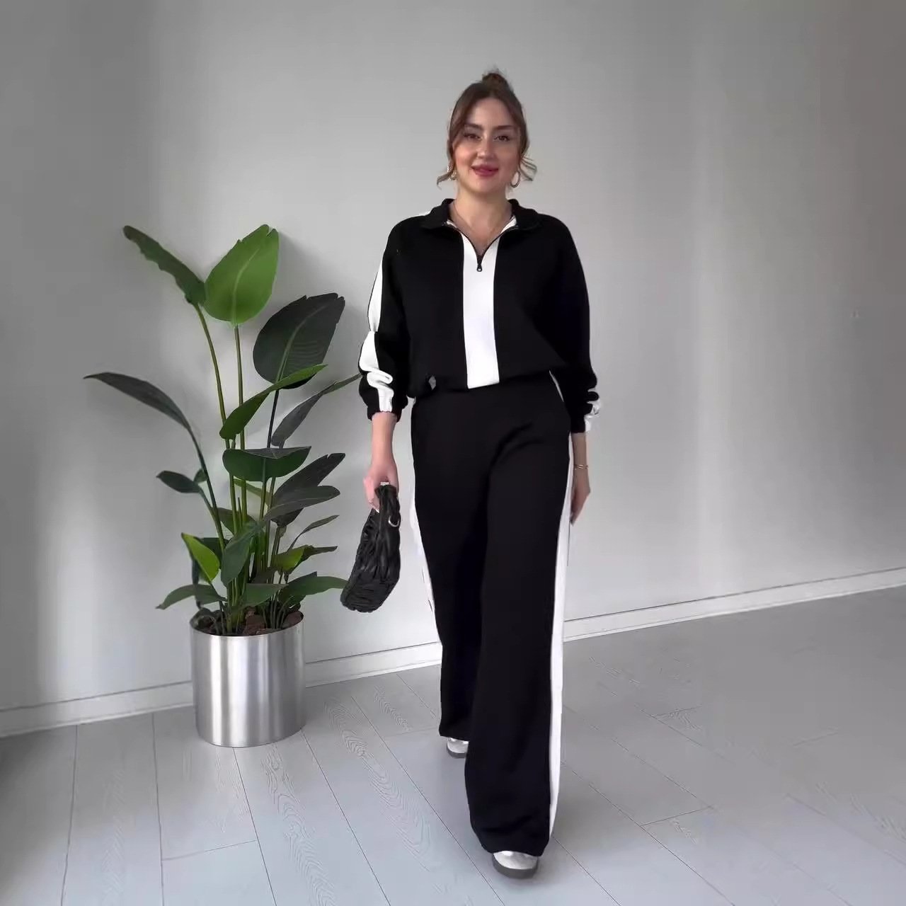 Women's Zipper Lapel Tops & Pants 2-Piece Set