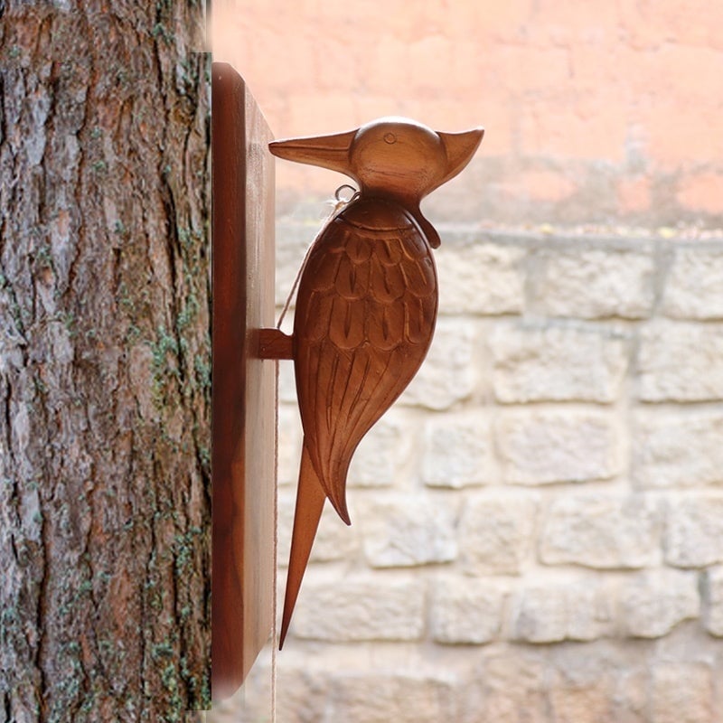 Hand Carved Decorative Woodpecker - Wooden Bird Doorbell