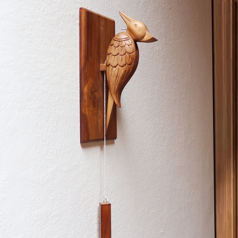 Hand Carved Decorative Woodpecker - Wooden Bird Doorbell