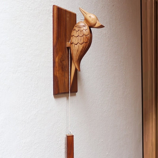 Hand Carved Decorative Woodpecker - Wooden Bird Doorbell