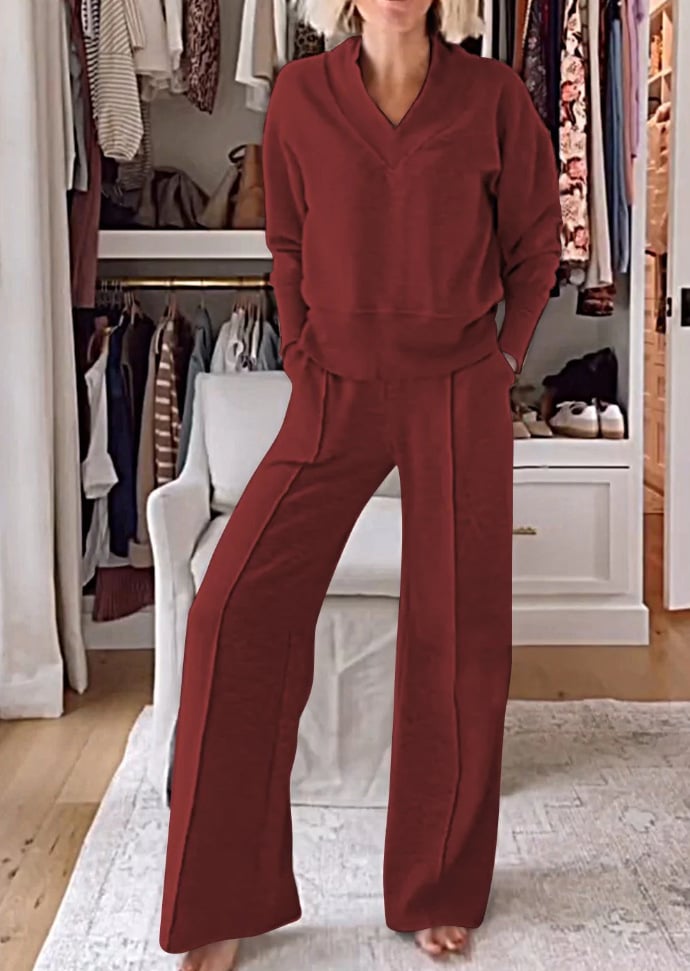 💥Special sale - Women's Solid Color V-neck Top & Pants Two-piece Set-II