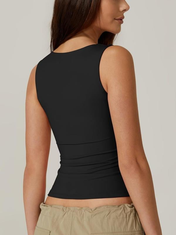 🏆Flash Sale⚡ 50K+ SOLD! Almost Gone⏰Women's Square Neck Sleeveless Double-Layer Tank Tops Basic Tight T Shirts short