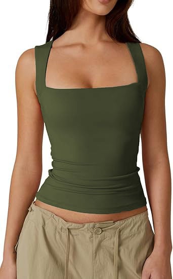 🏆Flash Sale⚡ 50K+ SOLD! Almost Gone⏰Women's Square Neck Sleeveless Double-Layer Tank Tops Basic Tight T Shirts short