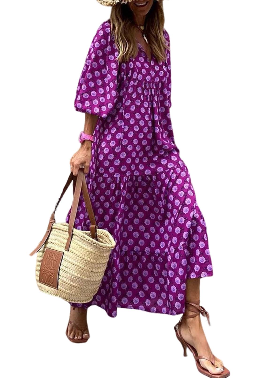 💥Mother's Day Gifts - Women's Puff Sleeve Floral Boho Maxi Dress