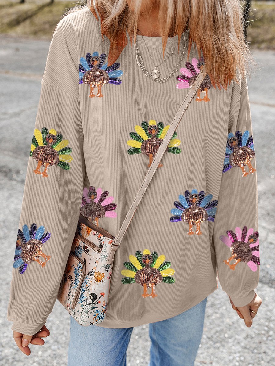 💥2025 HOT SALE💥 Women's Thanksgiving Sweatshirt with Sequin Turkey Graphic Corded Baggy Long Sleeve FallFreshness