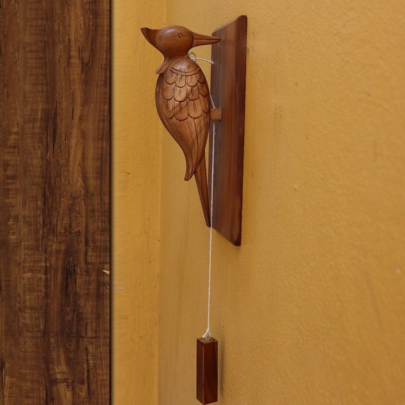 Hand Carved Decorative Woodpecker - Wooden Bird Doorbell
