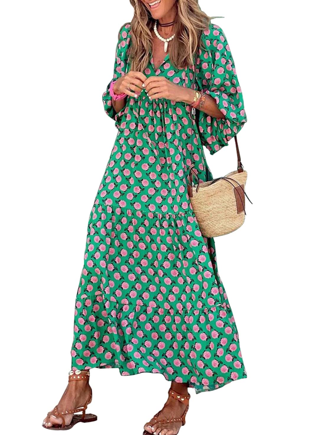 💥Mother's Day Gifts - Women's Puff Sleeve Floral Boho Maxi Dress