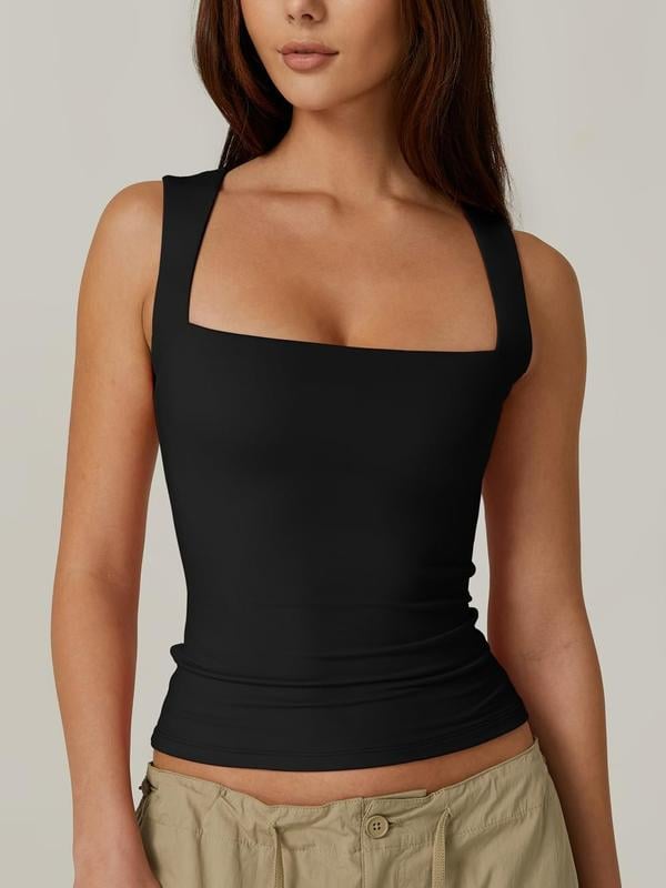 🏆Flash Sale⚡ 50K+ SOLD! Almost Gone⏰Women's Square Neck Sleeveless Double-Layer Tank Tops Basic Tight T Shirts short