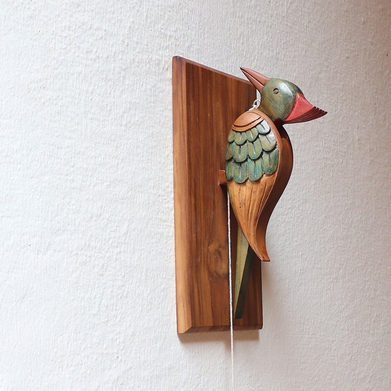 Hand Carved Decorative Woodpecker - Wooden Bird Doorbell