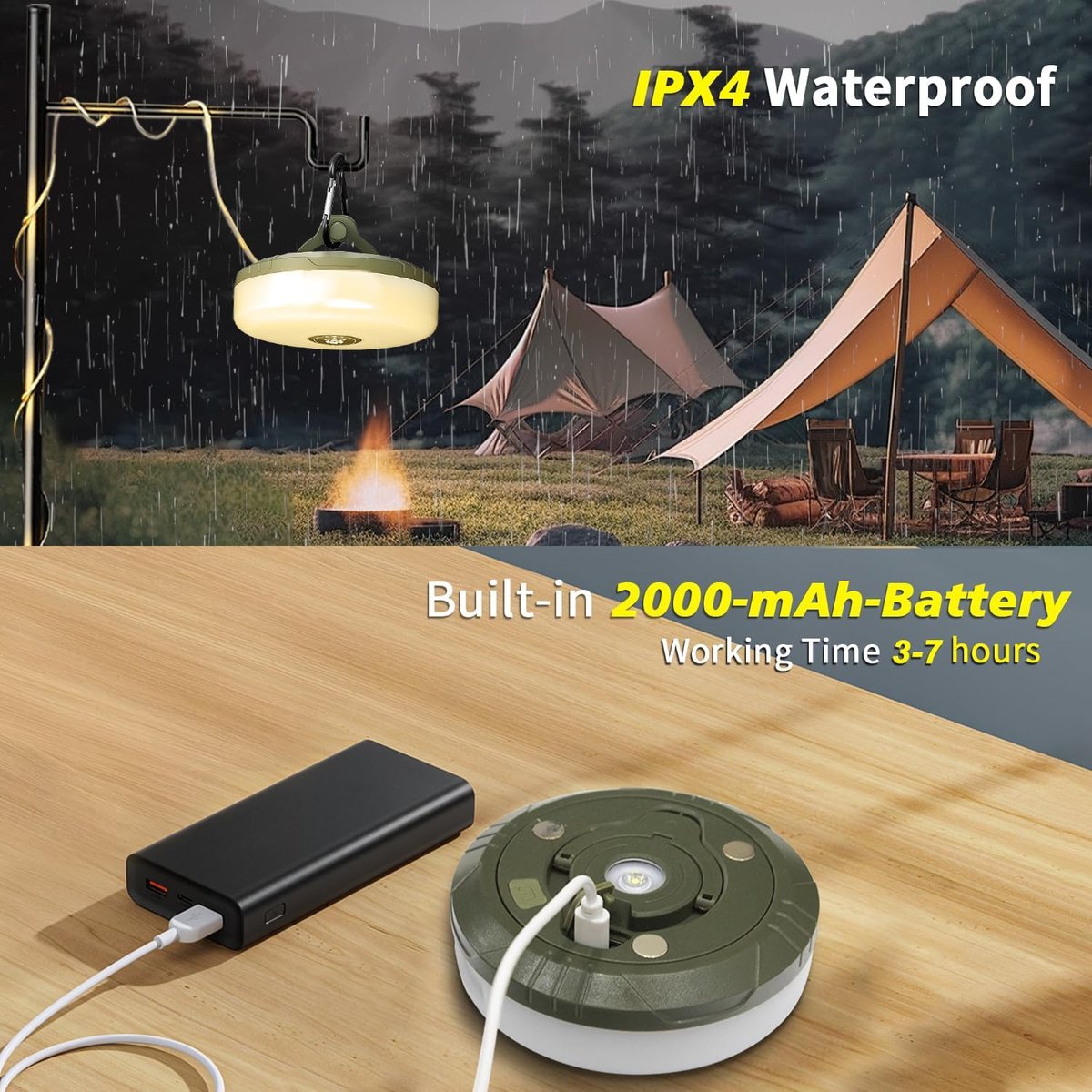 4-in-1 Camping Light with RGB Light String & Power Bank