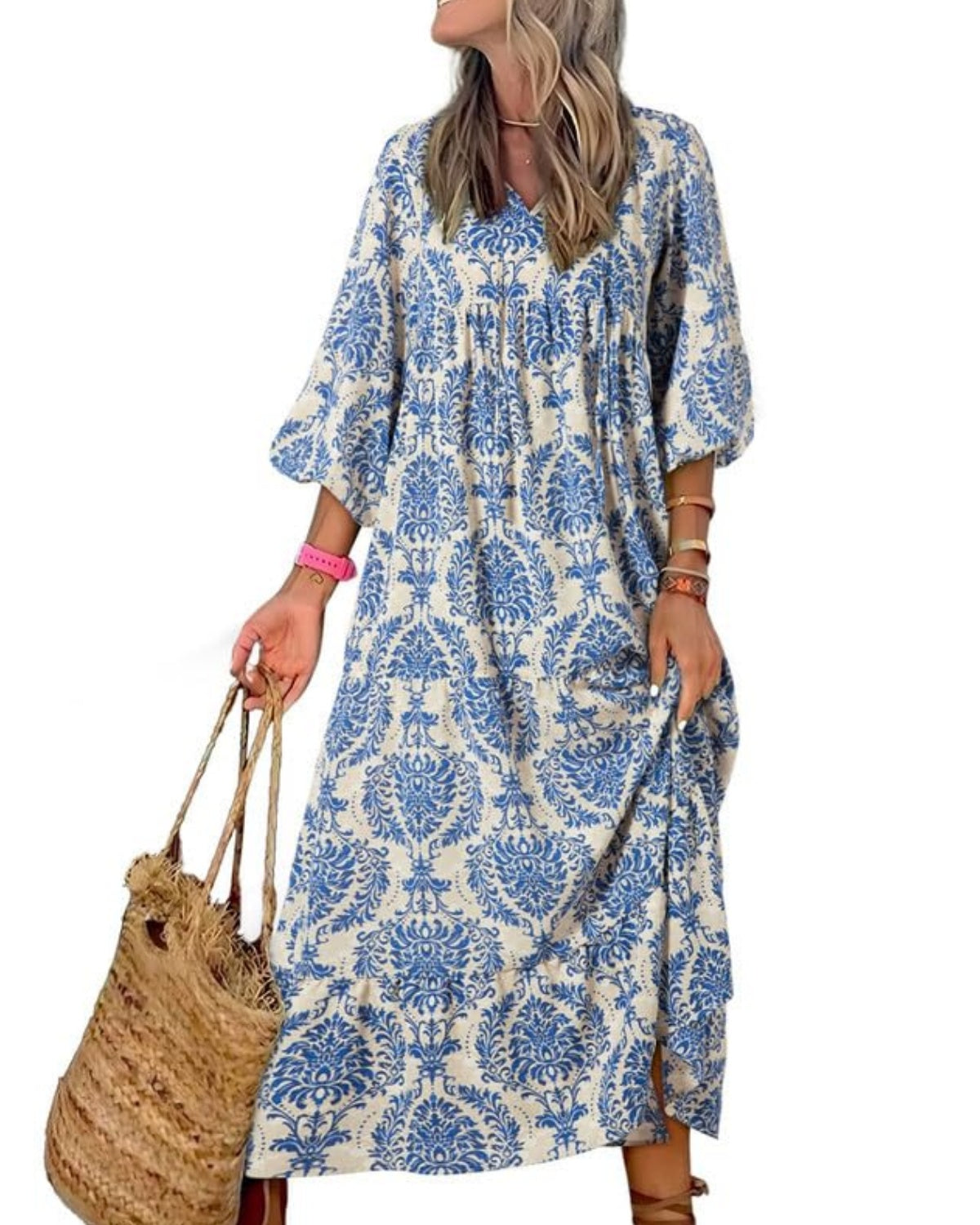💥Mother's Day Gifts - Women's Puff Sleeve Floral Boho Maxi Dress
