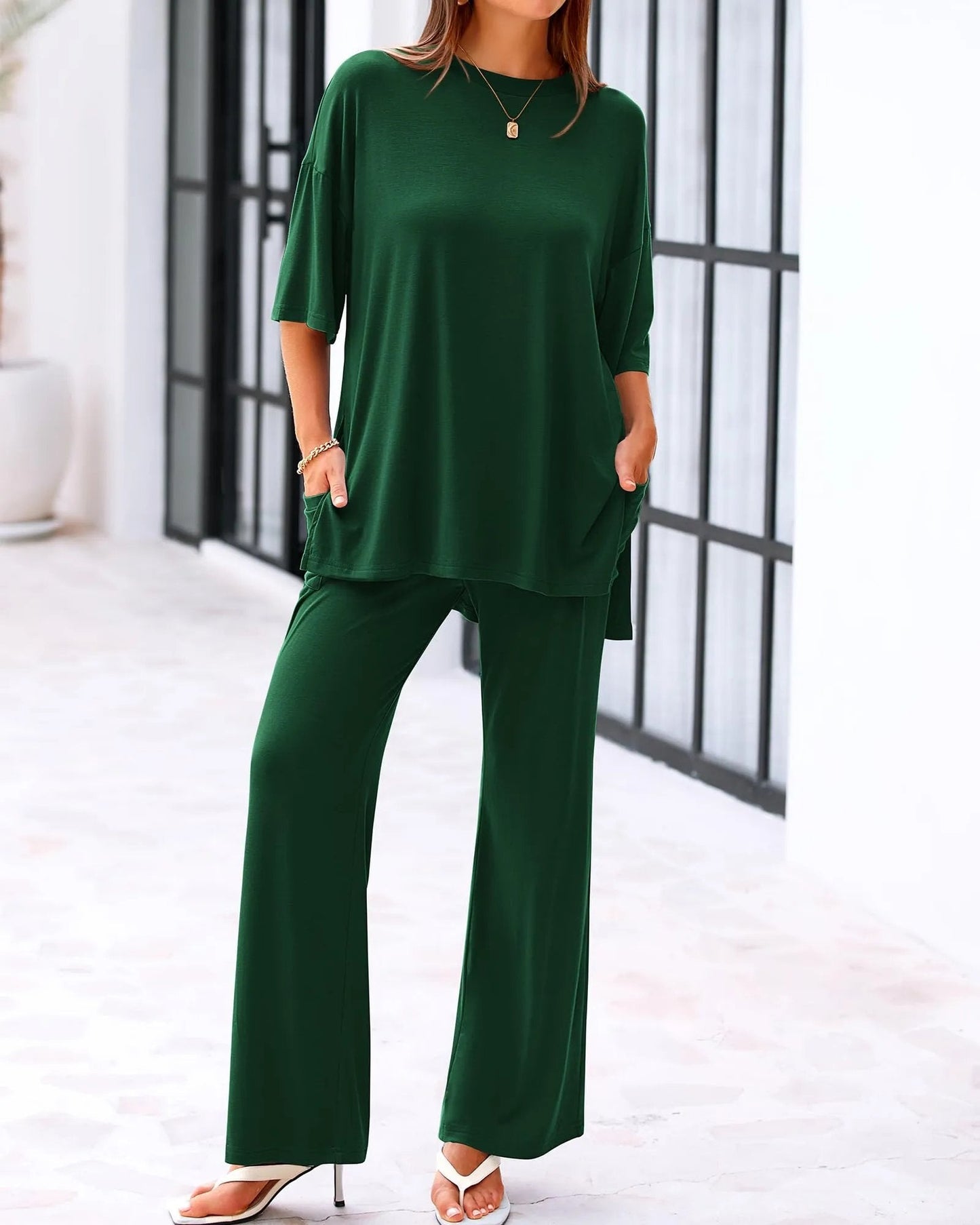 Casual 2-Piece Loose-Fit Short Sleeve Top & Wide-Leg Pants Set with Pockets