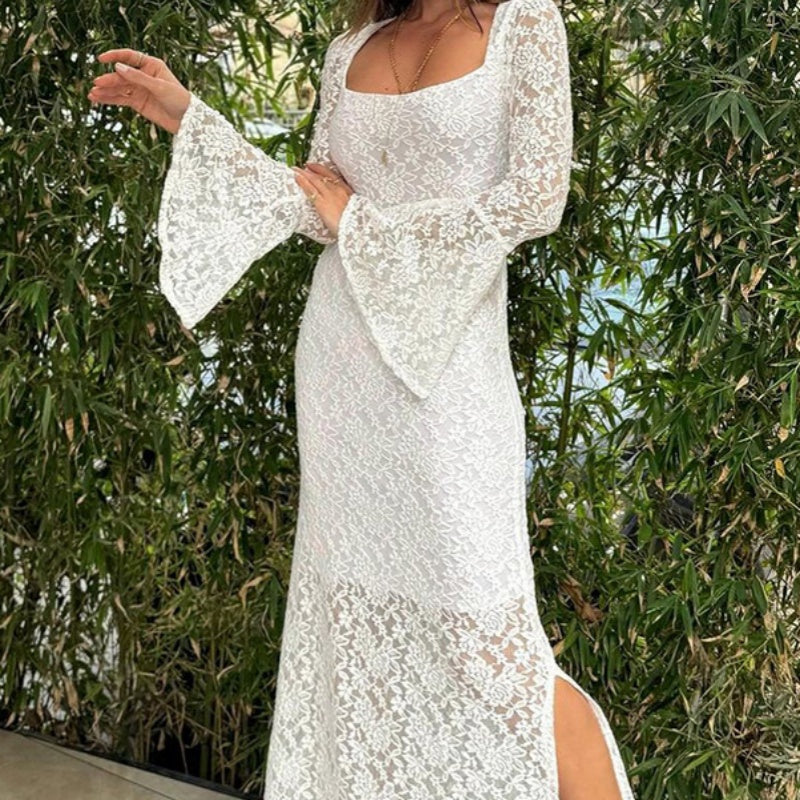 💐 Lace Flared Sleeves Split Hem Waisted Dress