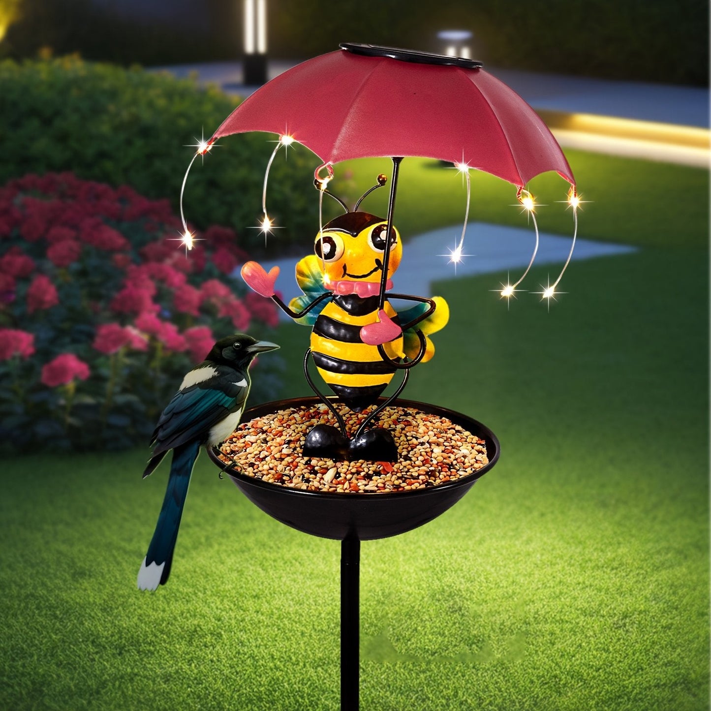 💥Solar-Powered LED Animal Umbrella Light with Bird Feeder(Frog/Bee/Flamingo)
