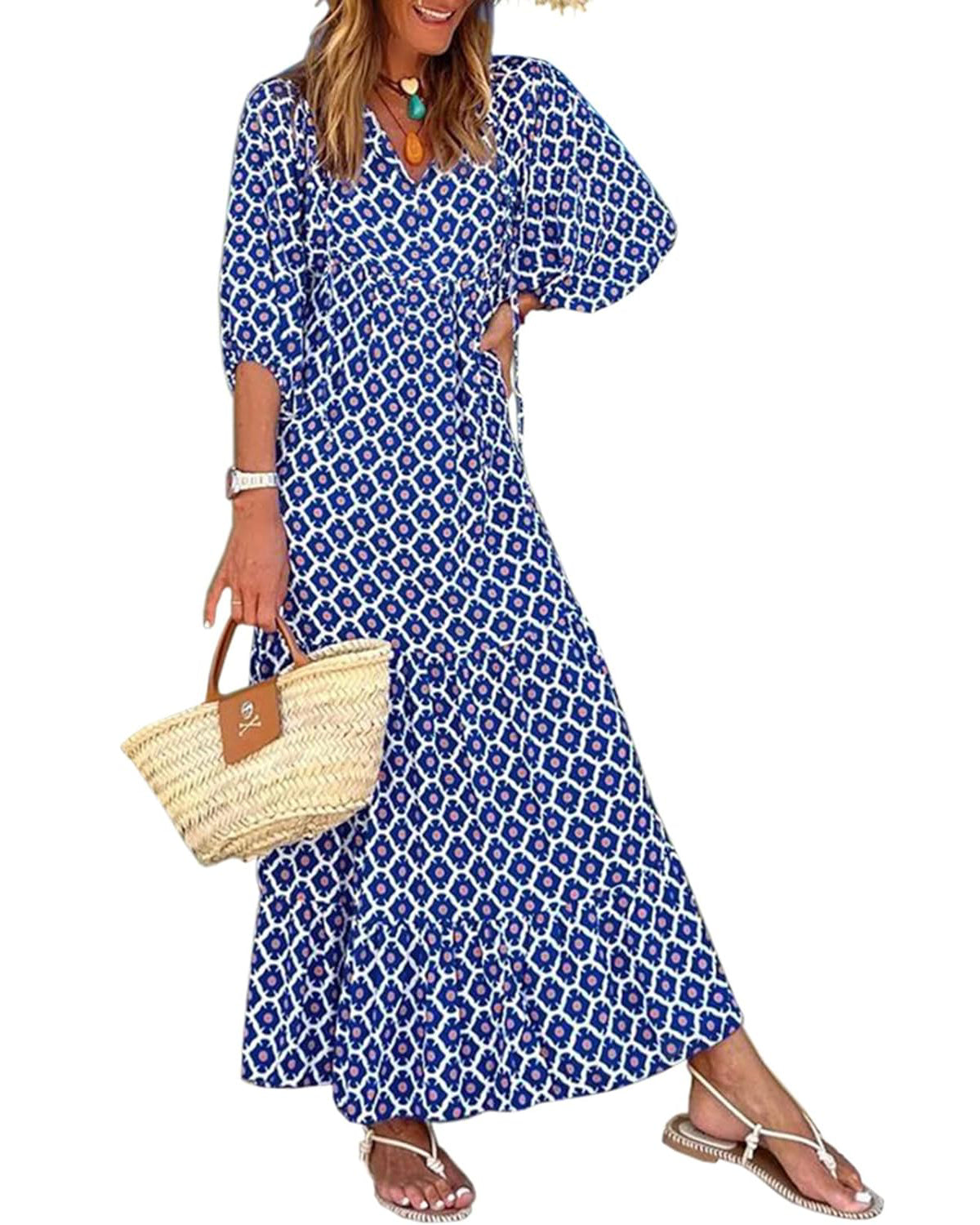 💥Mother's Day Gifts - Women's Puff Sleeve Floral Boho Maxi Dress