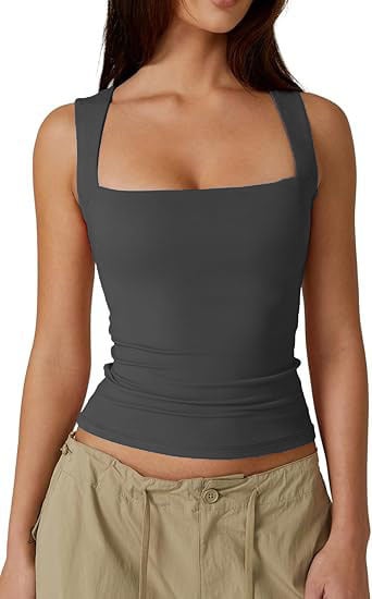 🏆Flash Sale⚡ 50K+ SOLD! Almost Gone⏰Women's Square Neck Sleeveless Double-Layer Tank Tops Basic Tight T Shirts short
