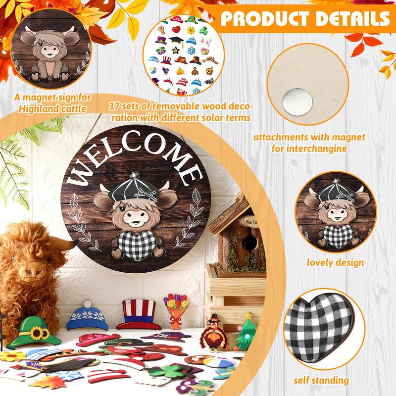 ⏰35 PCS Interchangeable Highland Cow Welcome Sign with Seasonal Magnet Detachable Hats Accessories