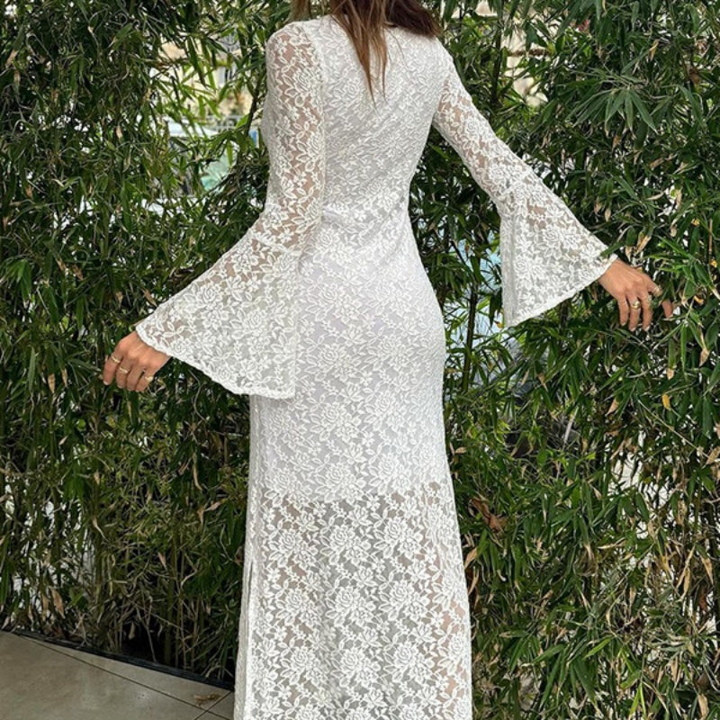 💐 Lace Flared Sleeves Split Hem Waisted Dress