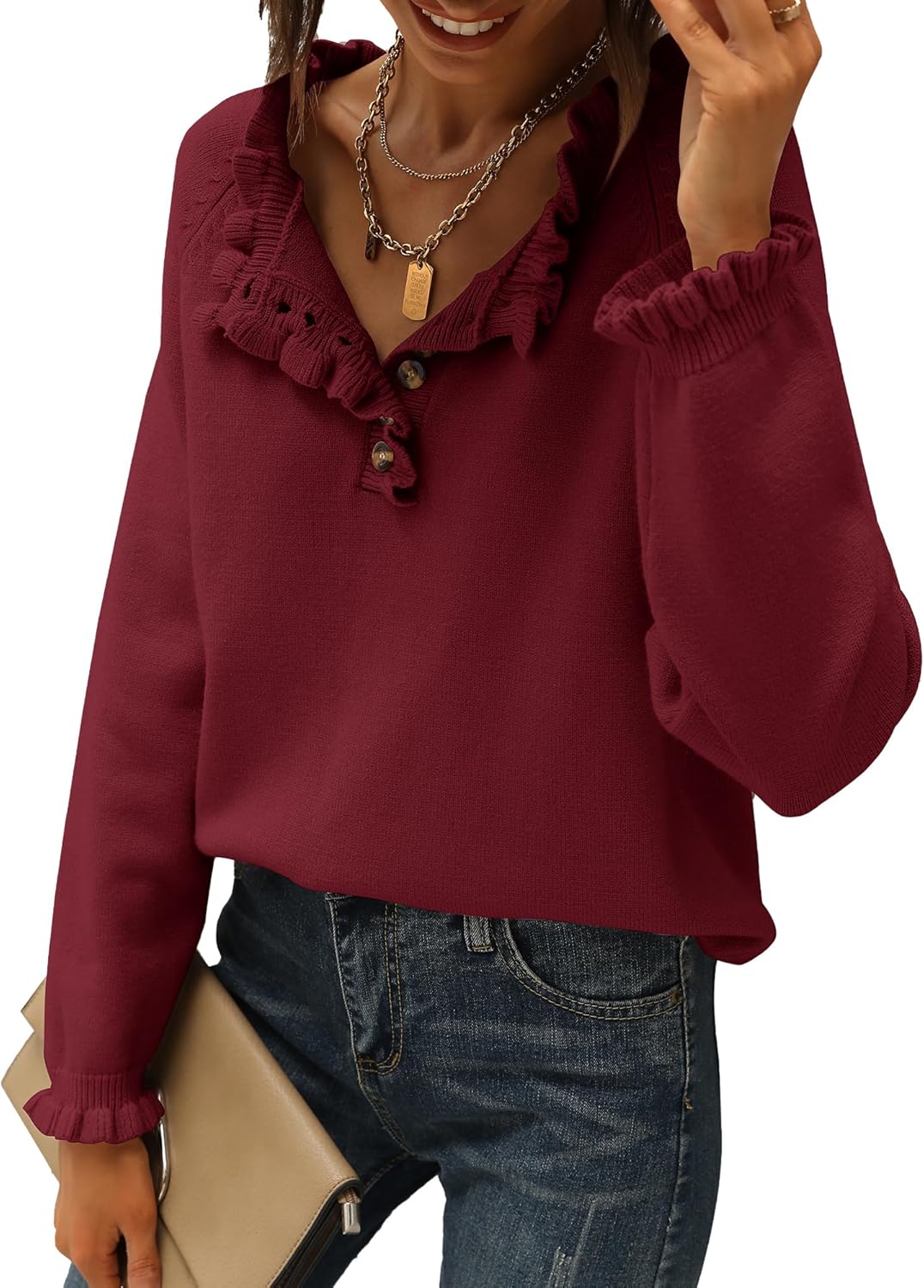 🔥Ruffle Trim Casual Knit Pullover Tops﻿