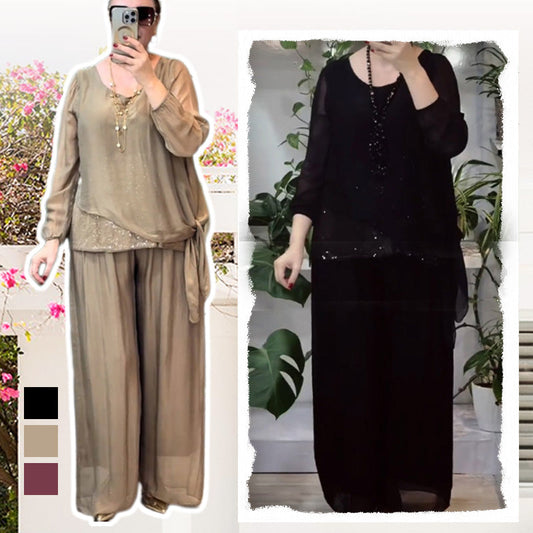 Women's 2-piece sequin blouse and wide-leg pants set